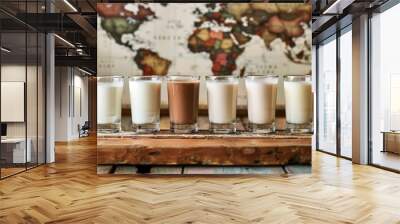 A row of glasses with different colored milks lined up on a wooden table Wall mural