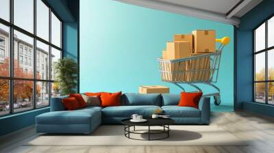 A shopping cart full of boxes is on a blue background Wall mural