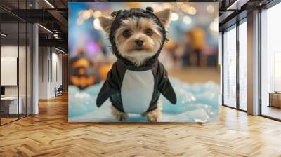 A small dog is wearing a penguin costume and standing on a blue surface Wall mural