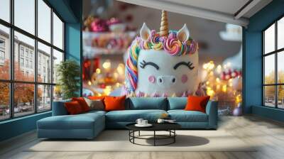 A unicorn cake with rainbow frosting and a unicorn horn on top Wall mural