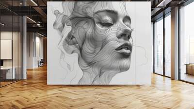 A woman's face is drawn in black and white, with a lot of detail and shading Wall mural