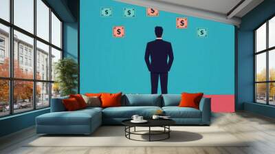 Businessman contemplating opportunities with dollar signs in the background. Wall mural