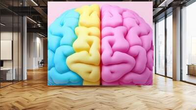 Colorful brain model demonstrating creativity and logic on a pink background. Wall mural