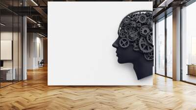 Creative concept of a head filled with gears, symbolizing thoughts and innovation against a white isolate background. Wall mural