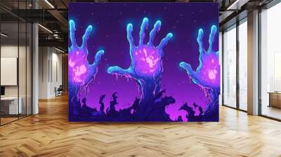 Three hands are shown in a purple background with a neon glow Wall mural