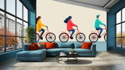 Three people riding bicycles in a colorful, playful style, illustrating outdoor activities and healthy living. Wall mural