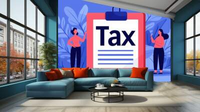 Two people discussing tax information with a large tax document in the background. Wall mural