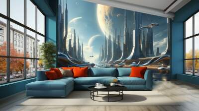 Futuristic Sprawling Cityscape Under Alien Sky Wall mural