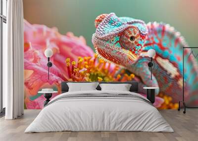 Chameleon on the flower. Beautiful extreme close-up Wall mural