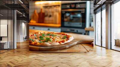 Close up of countertop in kitchen with pizza and wooden boards. remote working, start up business, food, drink, interior, design and domestic life concept Wall mural