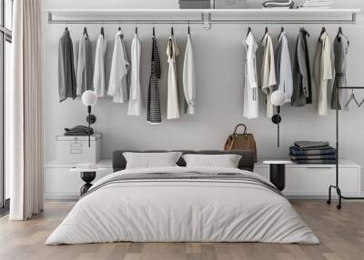 clothes hanging on rail in modern wardrobe, closet interior design Wall mural