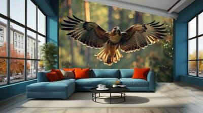 Flying bird of prey, Red-tailed hawk, Buteo jamaicensis, landing in the forest. Wildlife scene from nature. Animal in the habitat. Bird with open wings Wall mural