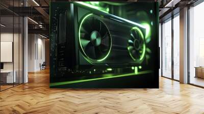 Get a glimpse of the latest technology with a close-up of the NVIDIA GeForce RTX 4070 Ti GPU in an illuminated gaming PC setup. Wall mural