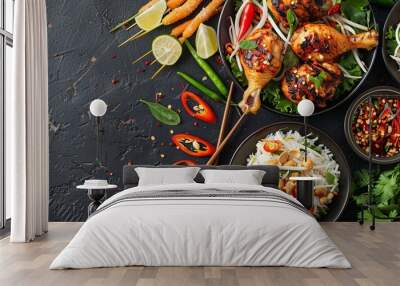 Som Tum (Spicy Papaya Sald) with grilled chicken drumstick, sticky rice and vegetables, Iconic Thai foods from north eastern of Thailand. Top view/closeup/food background Wall mural