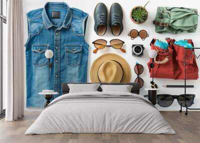 Top view, of Men's summer clothes with accessories ,white background Wall mural