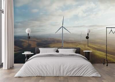 Aerial view of wind turbines on a hill with beautiful landscape and dramatic sky in the background, promoting renewable energy. Wall mural