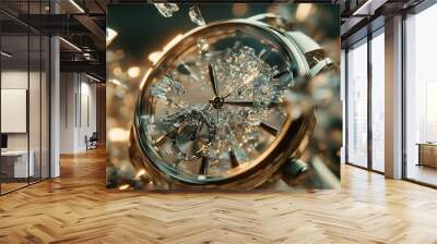 Broken luxury watch surrounded by shattered glass, isolated background Wall mural