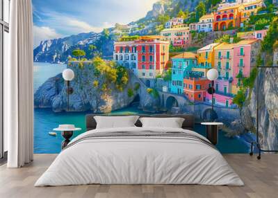 Aerial view of Amalfi Coast, Italy, colorful houses on cliffside overlooking the Mediterranean Sea, travel amalfi coast italy illustration landscape sea. Generative AI illustration  Wall mural