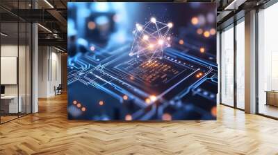 Ai chip and abstract digital atom icon on technology background. Science tech bg. Circuit light lines  Wall mural