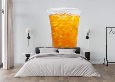 Clear plastic cup filled with thai tea, and a lid, background, studio lighting for focused advertising. Generative AI illustration  Wall mural