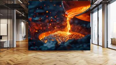 Detailed view of a glowing molten metal being poured into a mold, demonstrating metallurgical processes. Generative AI illustration Wall mural