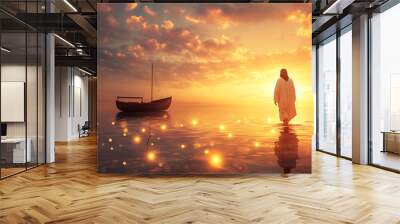 Jesus walking on the water in a beautiful sunset, ahead is a boat floating. Generative AI illustration  Wall mural