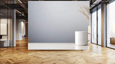 Minimalist plain white desk, pen holder and mug on the right side, and simple wooden vase behind it. The background is a clean grey wall for copy space. Generative AI illustration  Wall mural