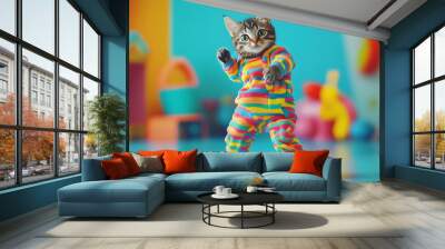 Portrait of a stylish cat dancing in kids outfit on a colorful toyroom background with field of depth, wearing stylish sneakers Wall mural