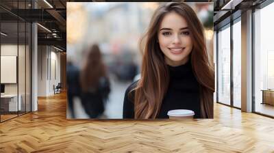 The most beautiful and sexy girl standing in a city square, holding a cup of coffee and smiling at the camera. She is dressed in casual attire Wall mural