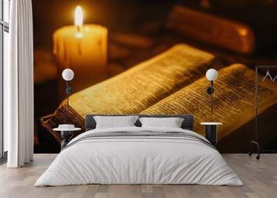 Closeup of a Bible s goldenedged pages, illuminated by the warm glow of candlelight Wall mural