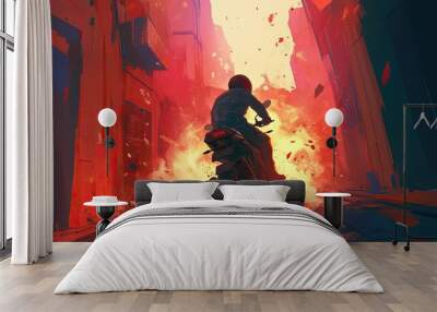 Motorcycle rider dodging an explosion in a narrow alley, dramatic lighting, Wall mural