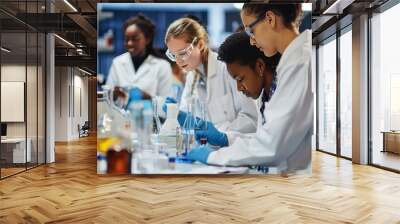 A bustling science lab filled with enthusiastic students conducting experiments, capturing the excitement of scientific exploration and the joy of discovery. Wall mural