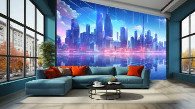 A futuristic cityscape composed of towering geometric structures, bathed in the soft glow of neon lights Wall mural