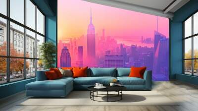 A majestic skyscraper reflecting the vibrant colors of a sunrise, standing tall amidst a bustling cityscape Wall mural