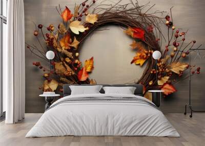 A vintage autumn wreath constructed from antique wooden branches, adorned with a collection of autumn leaves in muted tones of brown, burgundy Wall mural