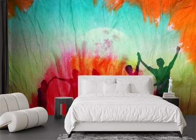 Shadow of happy family on colorful tie dye fabric background Wall mural