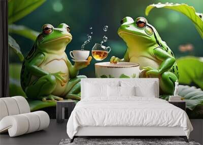 Froggy Tea Time: Two adorable frogs savor a moment of tranquility, enjoying tea amidst lush greenery in an enchanting digital art piece. Wall mural