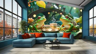 Frogs enjoying tea in a whimsical forest setting: Two cute frogs enjoying a cup of tea on a lily pad in a magical forest, with a warm glow and fairy lights in the background. The image evokes a sense  Wall mural