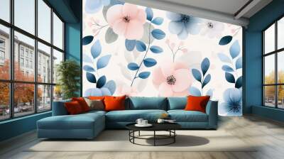 A floral pattern with blue, pink and green flowers Wall mural