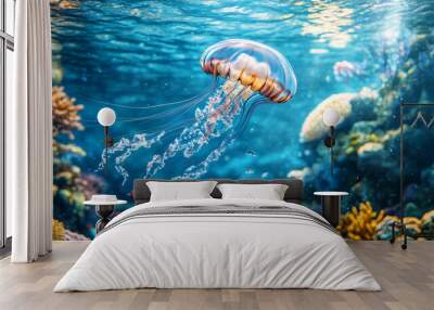 A jellyfish is swimming in the ocean with a school of fish Wall mural