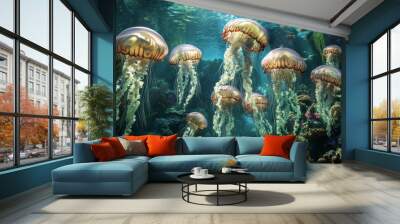 A painting of a group of jellyfish in a blue ocean Wall mural