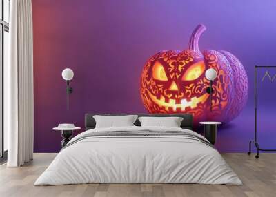 A pumpkin with a scary face is sitting on a table Wall mural