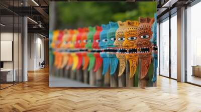 A row of colorful masks hanging on a pole Wall mural