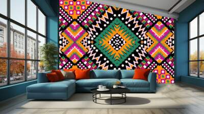 Ethnic carpet with geometric mosaic aztec style stripes on tile. majolica Antique interior,modern rugs,geographic print on kente clot textile.Tribal vector ornament seamless african pattern.multicolor Wall mural