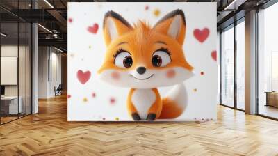 Charming fox character with big eyes and a cheerful smile, decorated with colorful hearts and stars, perfect for kids graphic design, isolated on a bright white backdrop Wall mural