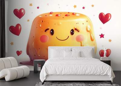 Charming pudding character with a beaming smile, accompanied by hearts and stars, vector art, isolated on a bright white background, cheerful and whimsical design Wall mural