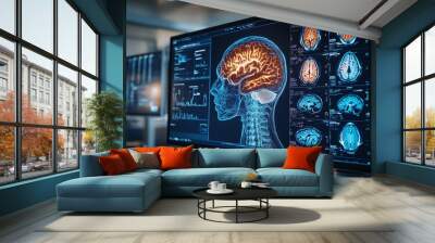 Medical display showing multiple brain images in blue and orange tones, emphasizing advanced anatomy visualization in neuroscience and mental health care Wall mural