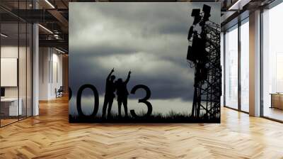 Silhouette team electricians, architects working in the rainy season overcast sky two engineers plan 2023 towering outdoor telecom antennas that will improve the efficiency of 5G technology. Wall mural