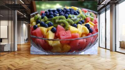 A colorful fruit salad with watermelon, pineapple, kiwi, and blueberries in a glass bowl, perfect for a summer treat. Wall mural