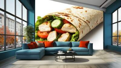 A healthy wrap filled with grilled chicken, lettuce, tomatoes, cucumbers, and a light dressing on a whole wheat tortilla. Wall mural